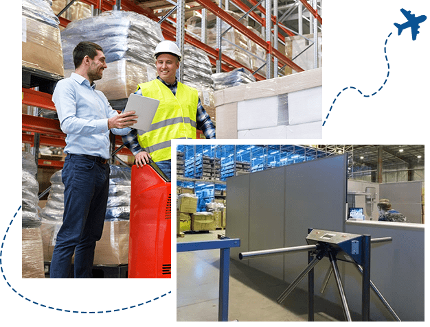 logistic business, Security guard of a modern warehouse sitting at a table watching the monitors
