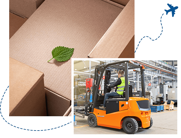 Storehouse employee in uniform working on forklift in modern automatic warehouse
